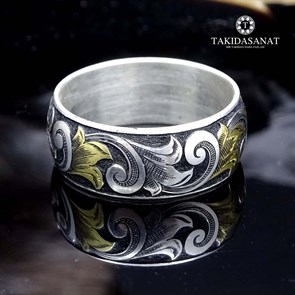8 mm Gravür Sanatı Usta İşi El Yapımı Altın Kakma Gümüş Alyans